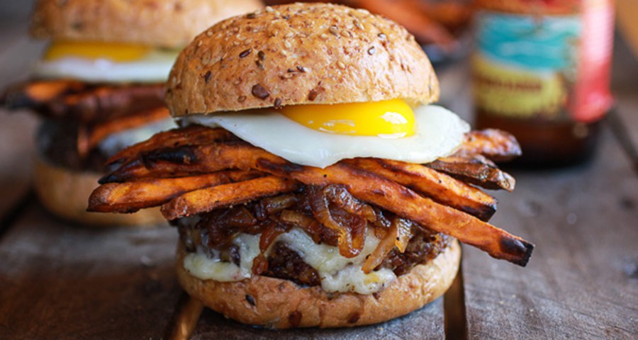 Aussie burger with Mountain Harvest Foods’ sweet potato fries